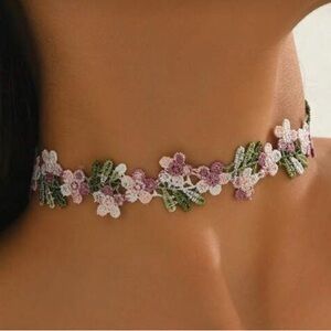 Floral Lace Choker Necklace - Pink & Green